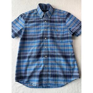 Ralph Lauren Men Short Sleeve Button Down Size Medium Blue Plaid Brown Pony